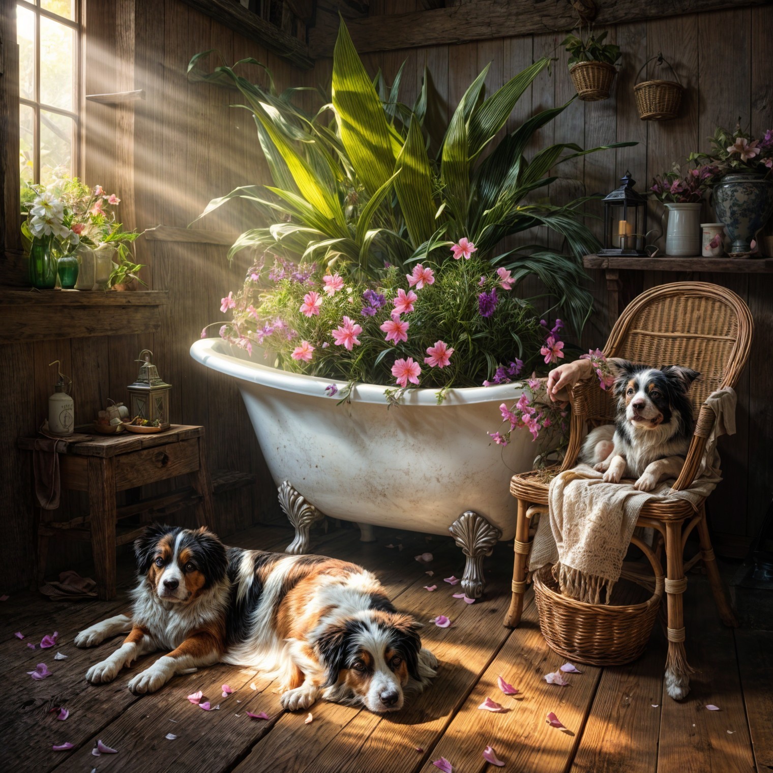 Cozy Rustic Interior with Vintage Bathtub and Dogs