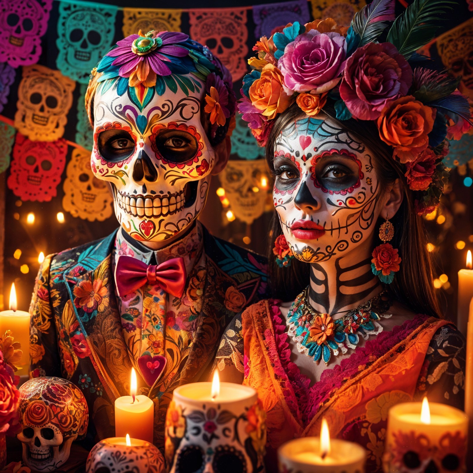 Couple in Día de los Muertos Makeup and Attire