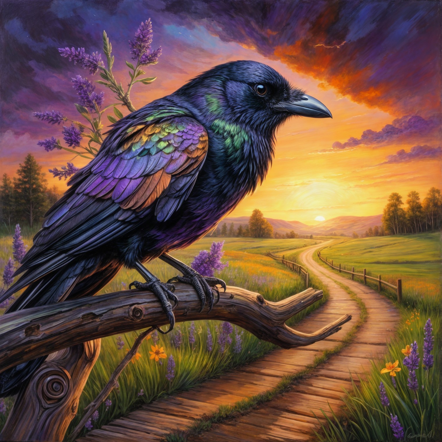Iridescent Raven on a Twisted Branch at Sunset