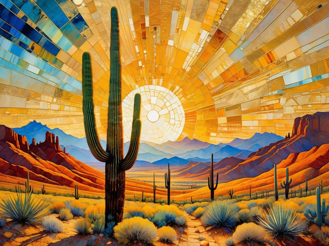 Vibrant Desert Landscape with Cacti and Mountains