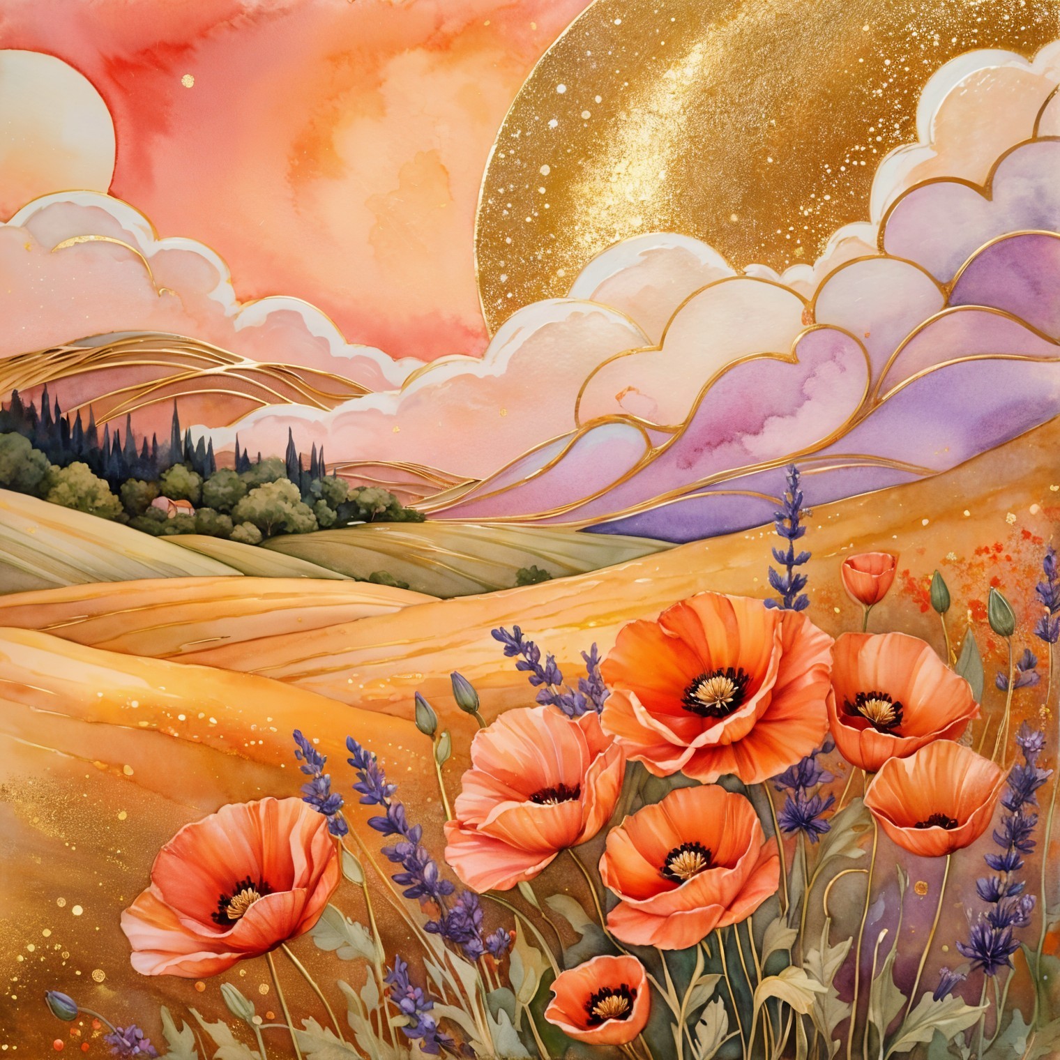 Vibrant Landscape with Sunset and Colorful Flowers