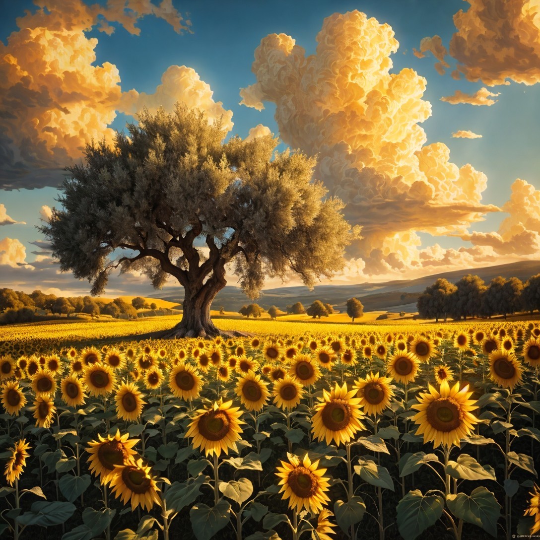 Sunflower Field with Majestic Tree and Sunset Sky