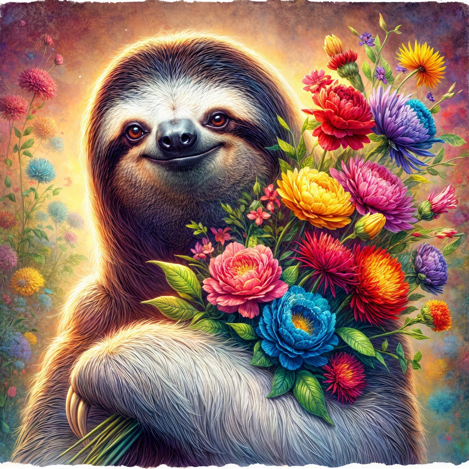 Cheerful sloth with colorful flowers in warm setting