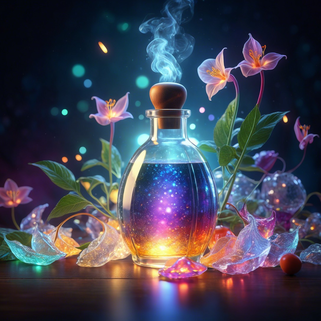 Magical glass bottle with colorful vapors and flowers