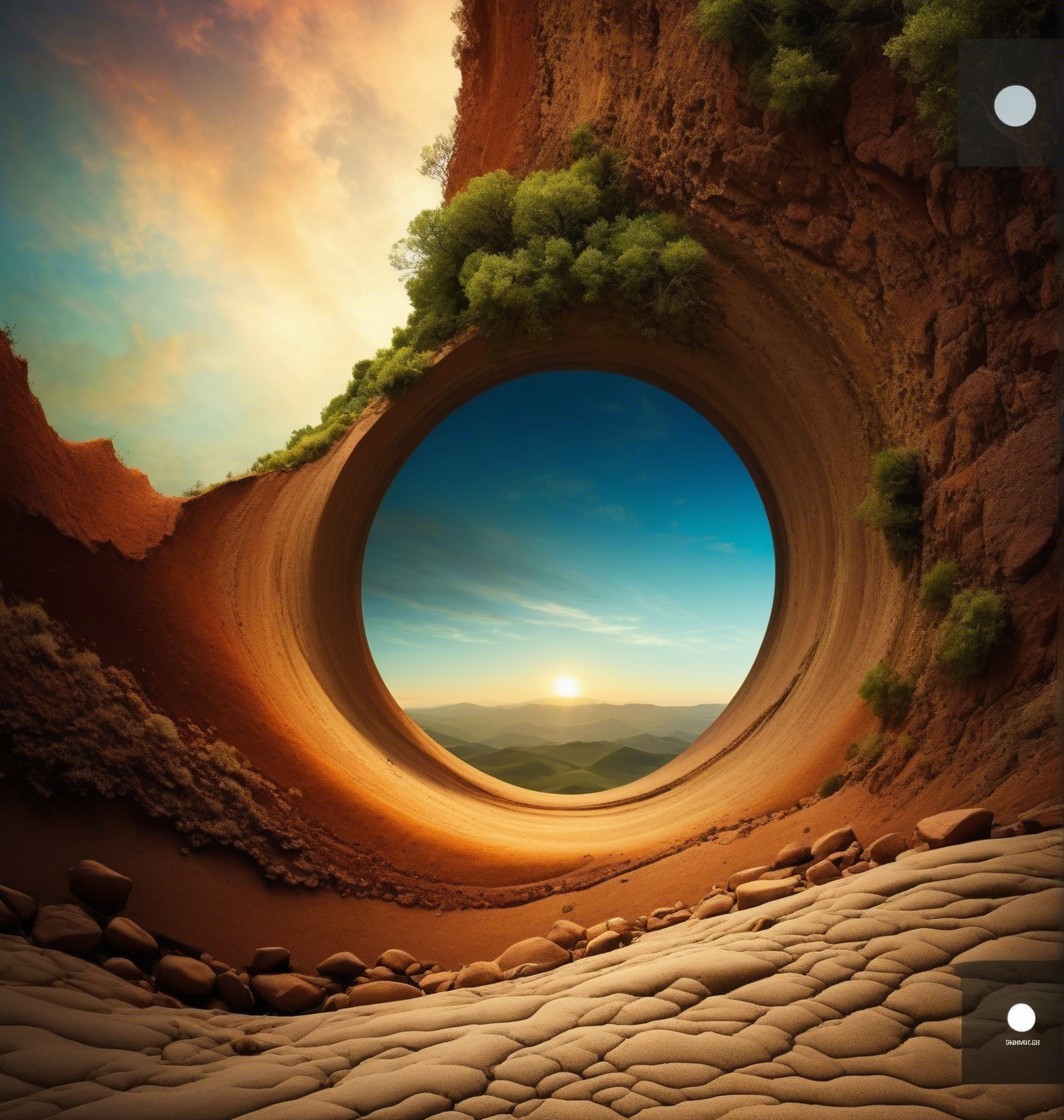 Surreal Landscape with Hole Framed by Rocky Earth