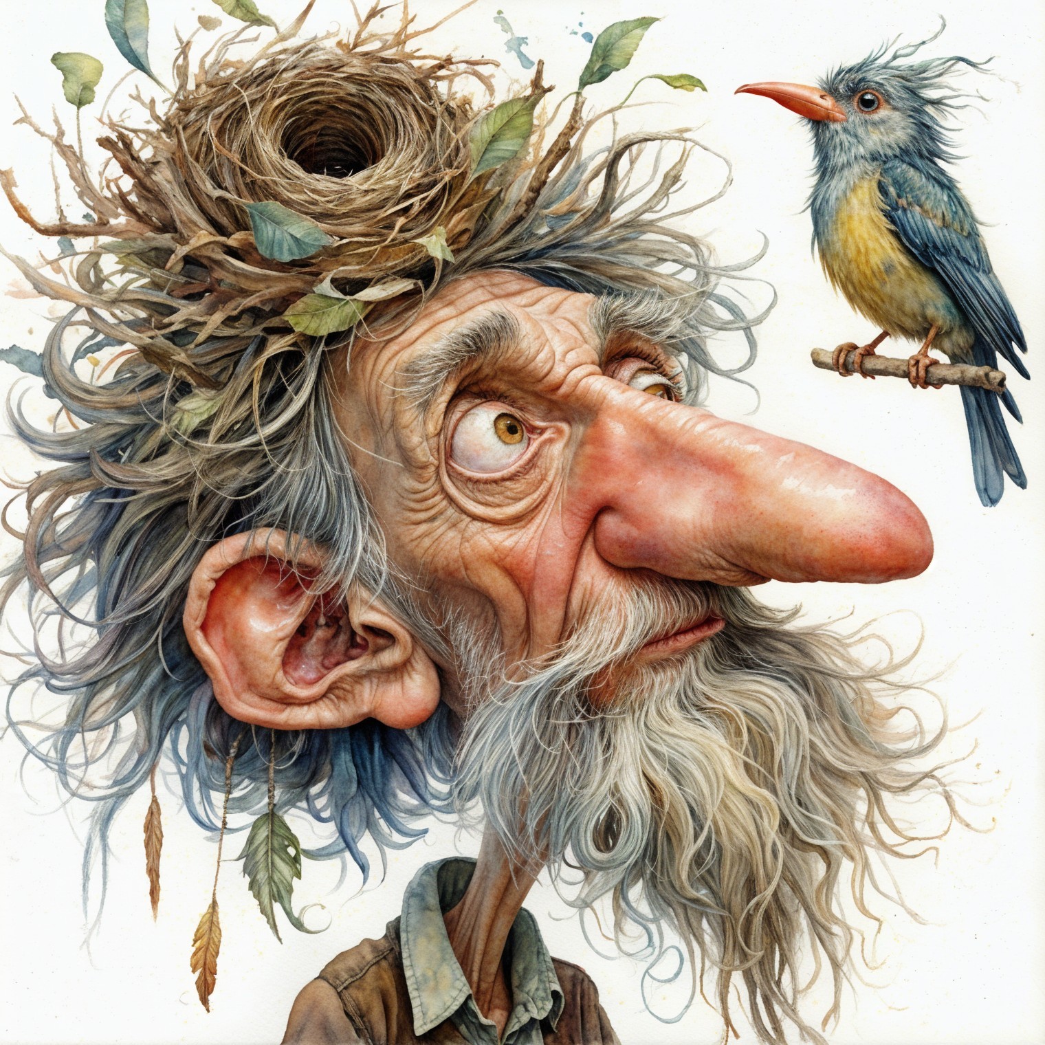 Whimsical Elderly Man with Nature-Inspired Hair and Bird