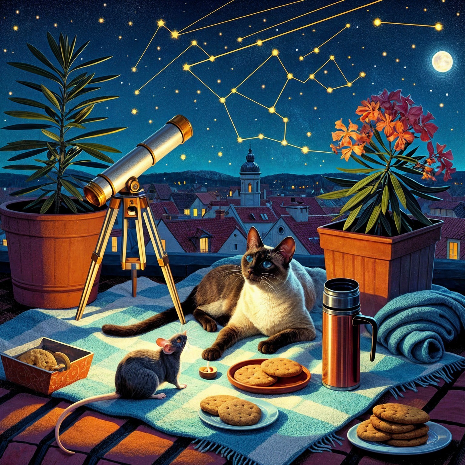Rooftop Night Scene with Cat, Mouse, and Telescope
