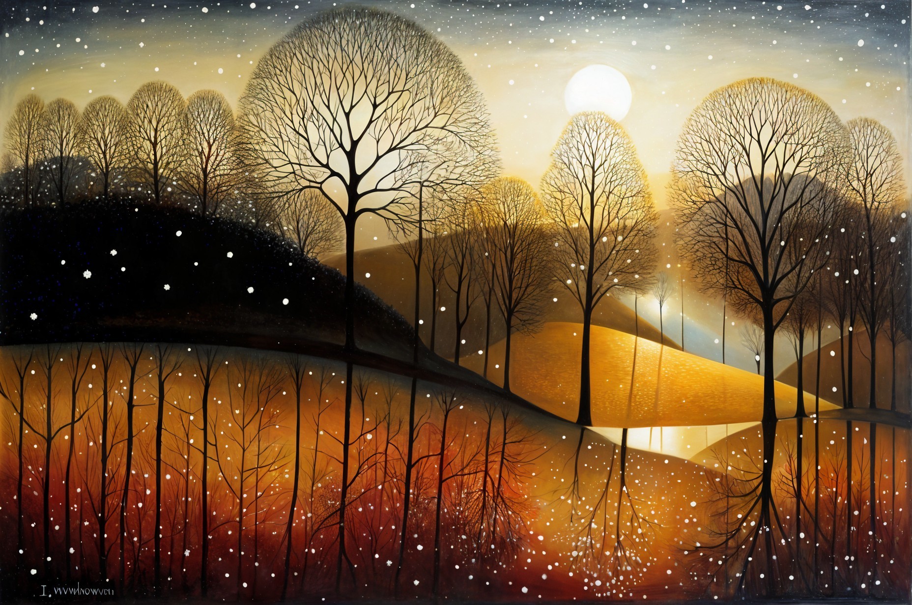 Serene Dusk Landscape with Silhouetted Trees and Snowflakes