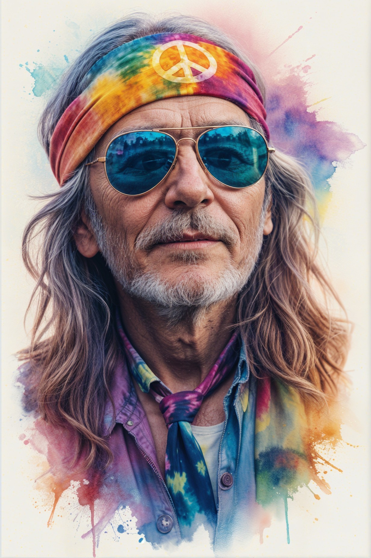 Man with Long Hair in Colorful Tie-Dye Attire