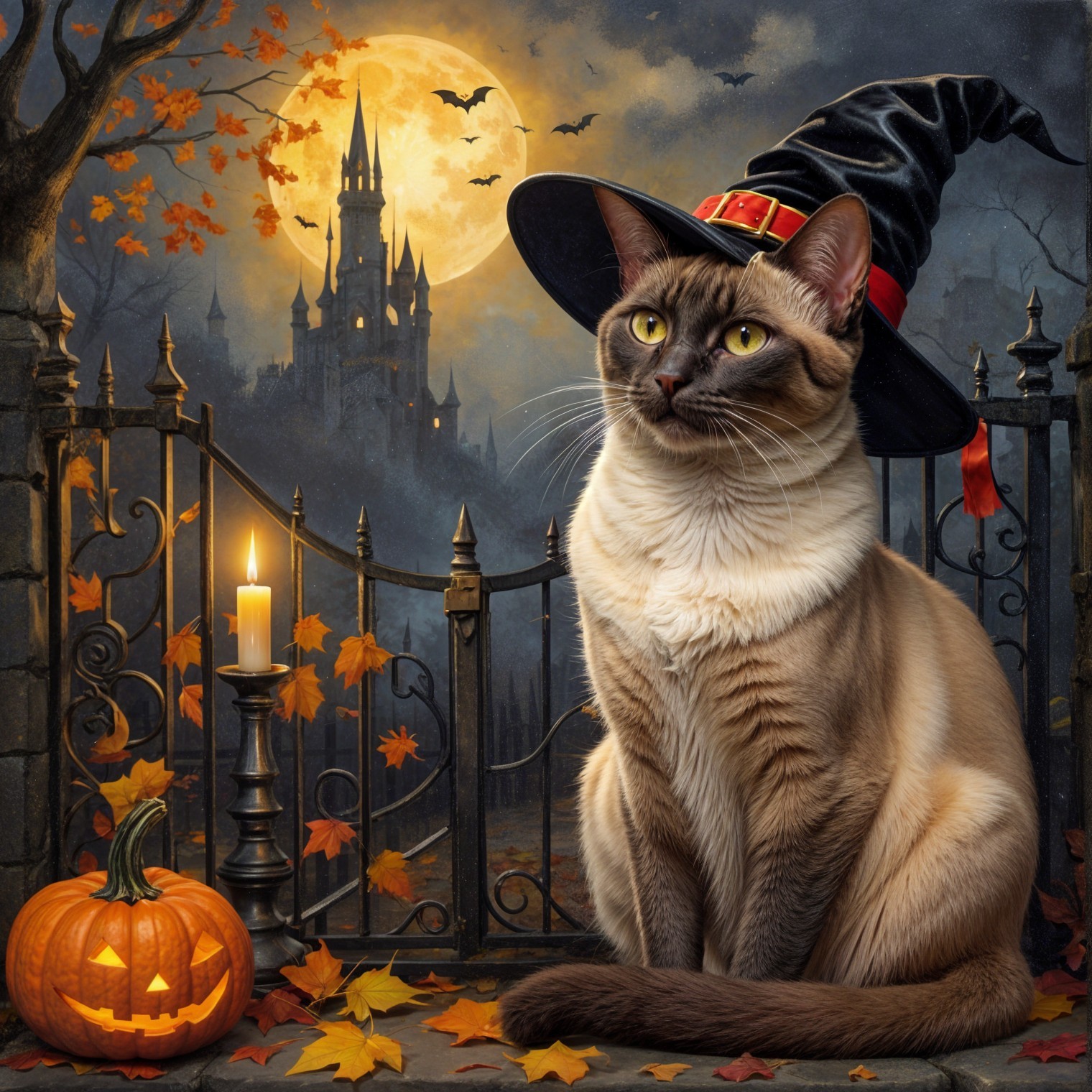 Cat in Witch Hat by Gothic Gate with Halloween Decor