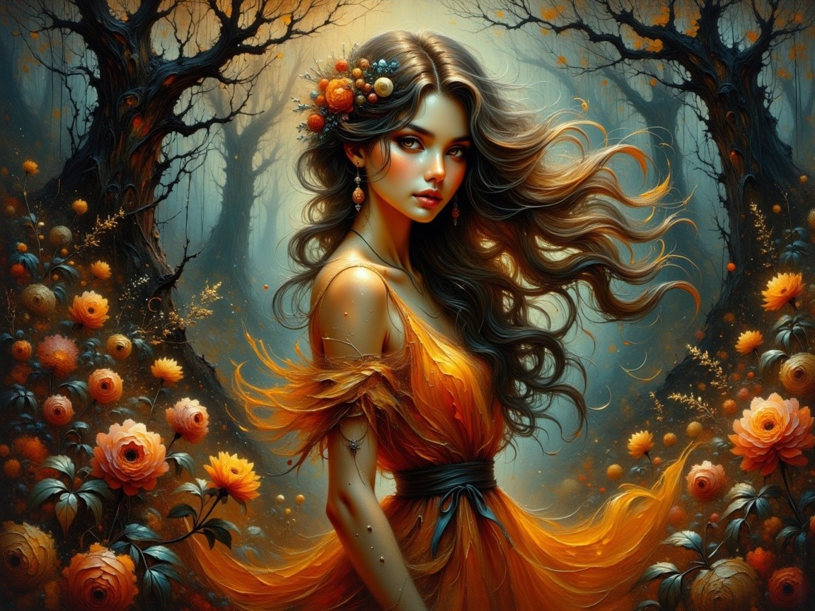 Enchanted Forest with a Young Woman in Orange Dress
