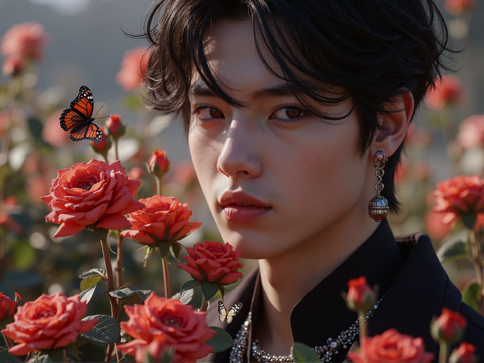 Young man with butterflies and roses in serene setting