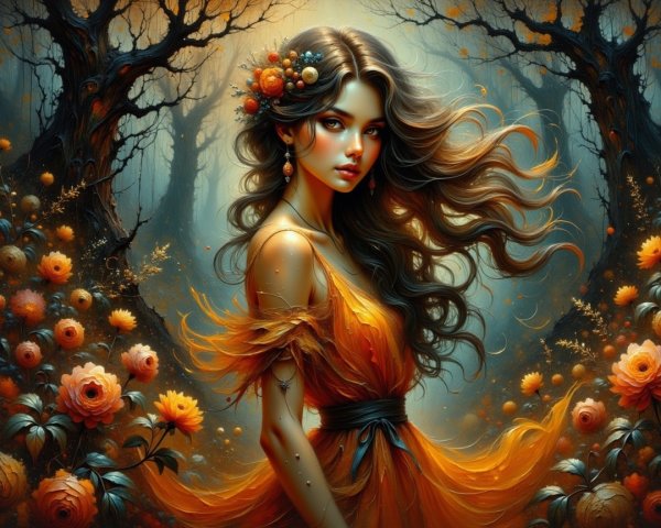 Enchanted Forest with a Young Woman in Orange Dress