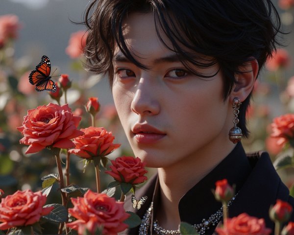Young man with butterflies and roses in serene setting