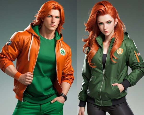 Stylized Figures with Orange Hair and Green Outfits