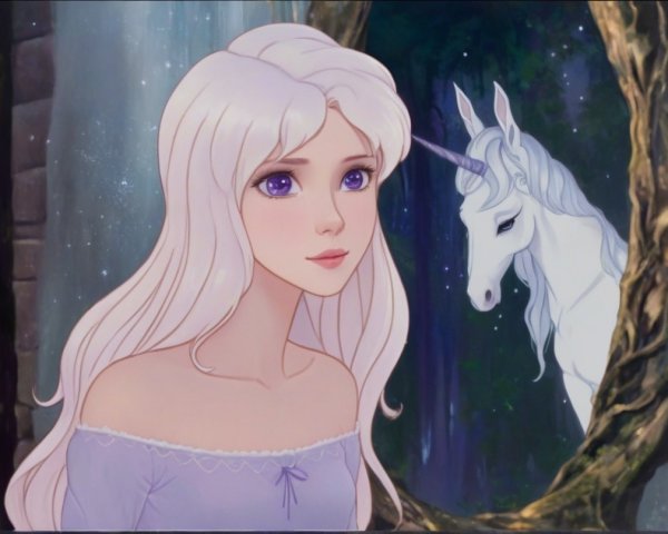 Young woman with white hair in mystical forest scene