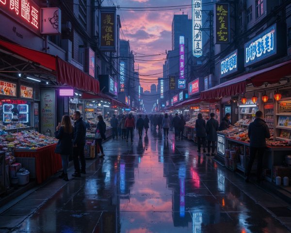Vibrant Street Market Under Purple and Orange Sky