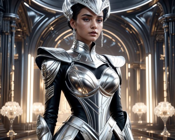 Confident Figure in Ornate Hall with Futuristic Armor