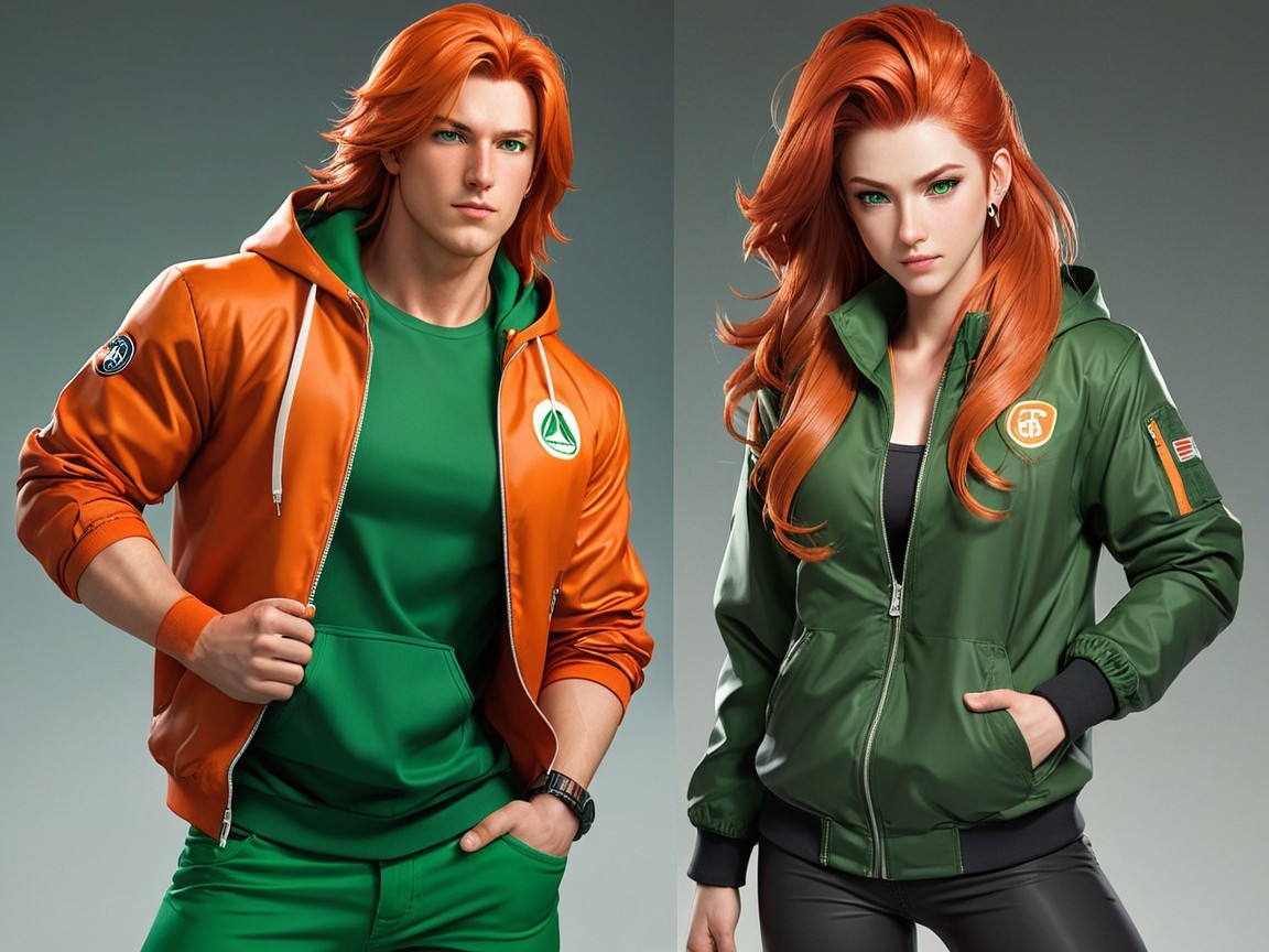 Stylized Figures with Orange Hair and Green Outfits
