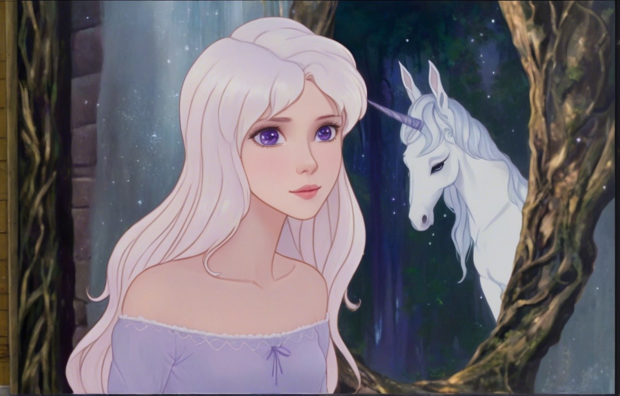 Young woman with white hair in mystical forest scene