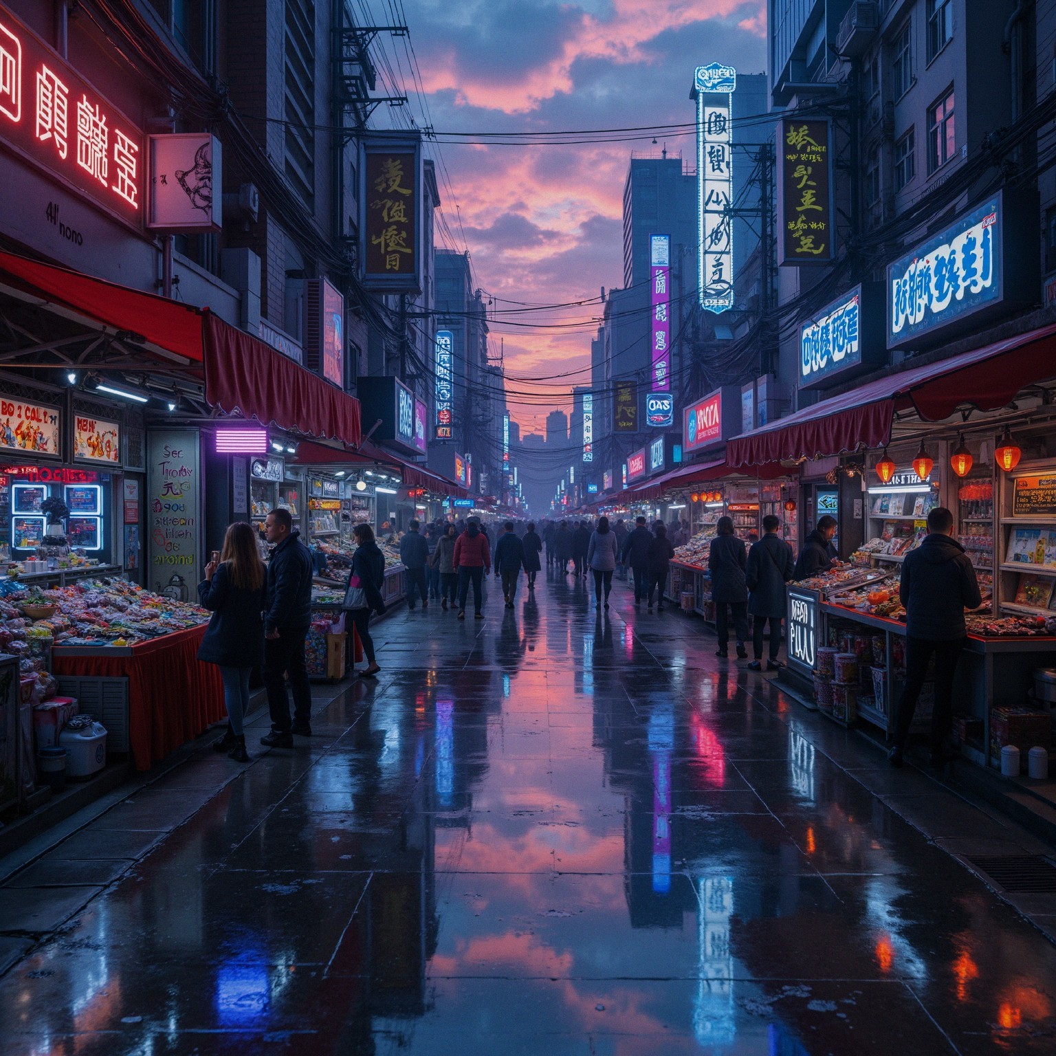 Vibrant Street Market Under Purple and Orange Sky