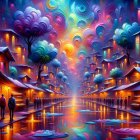 Vibrant Street Market Under Purple and Orange Sky