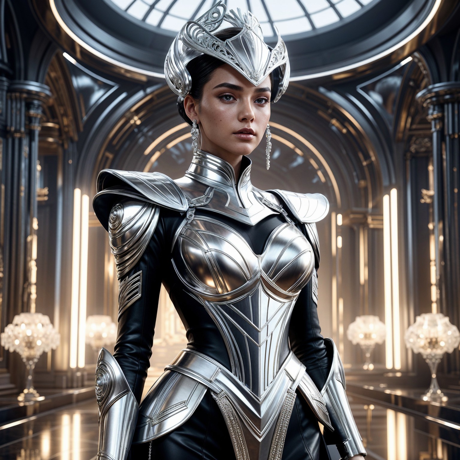 Confident Figure in Ornate Hall with Futuristic Armor