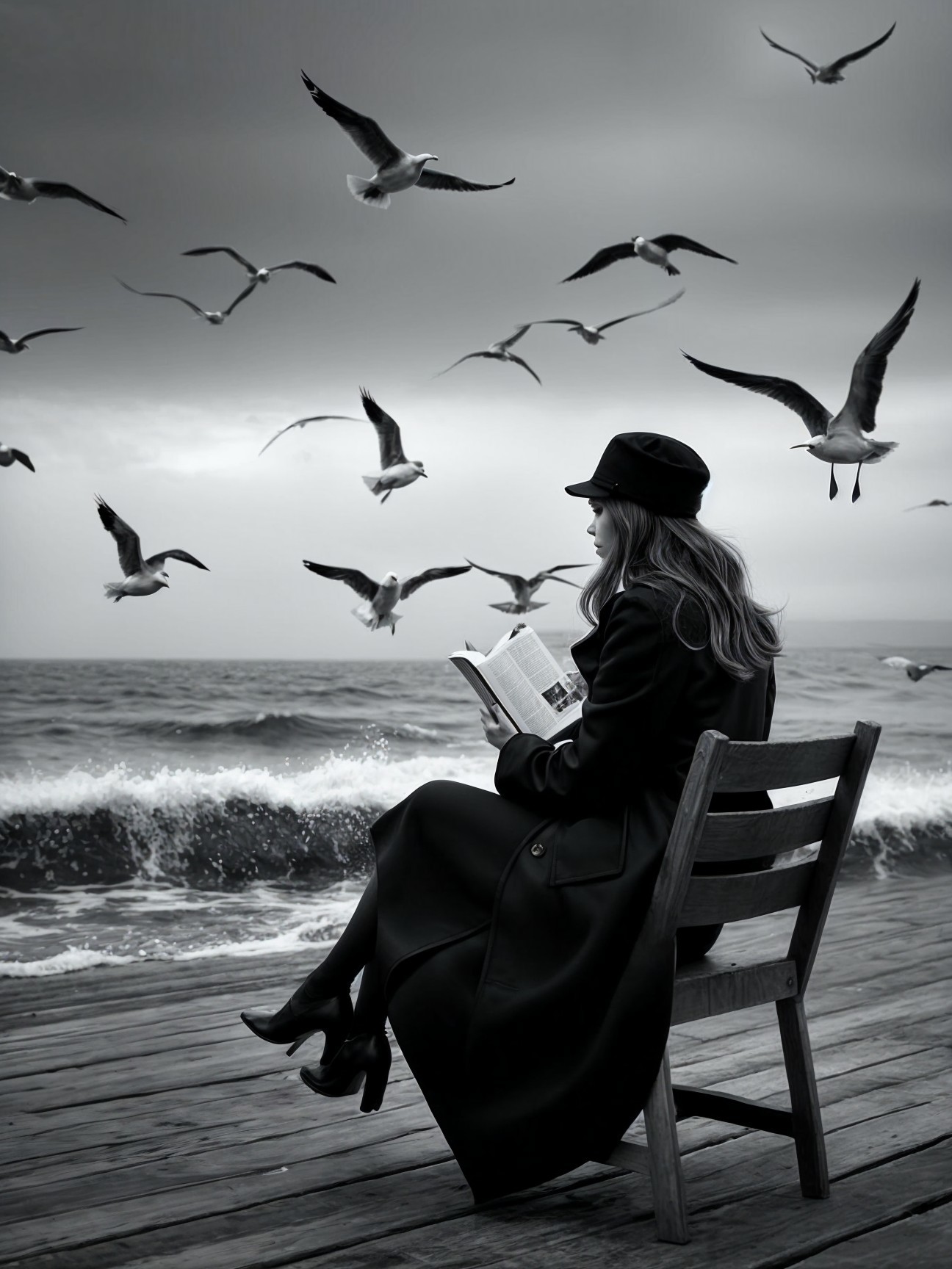 Woman Reading on Shore with Seagulls and Ocean Waves