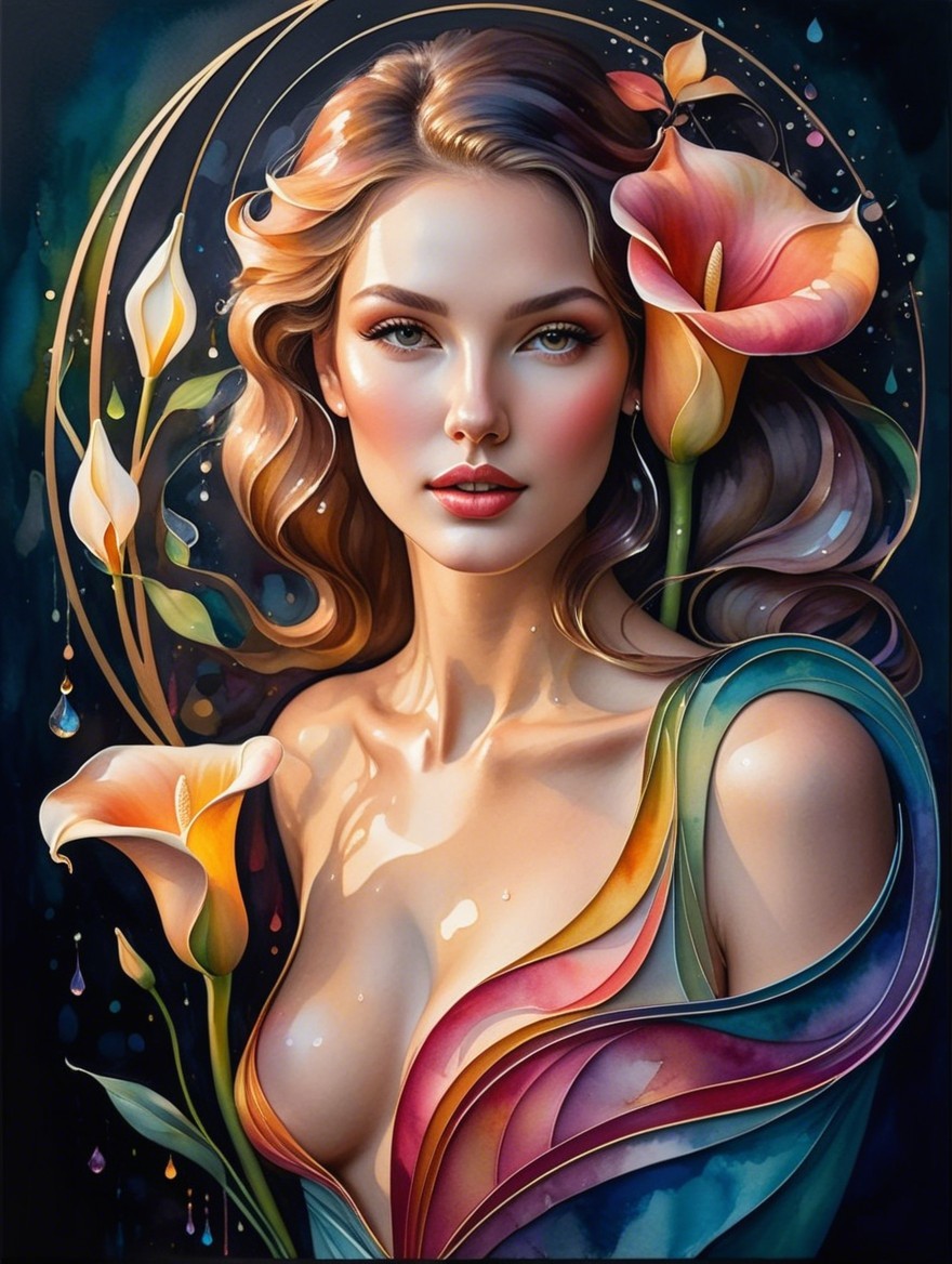 Stylized Woman with Flowing Hair and Calla Lilies