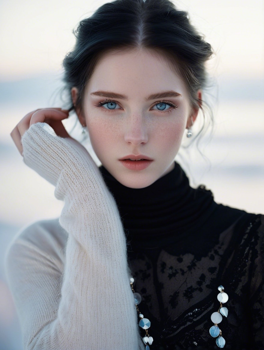 Portrait of a Young Woman with Blue Eyes and Freckles