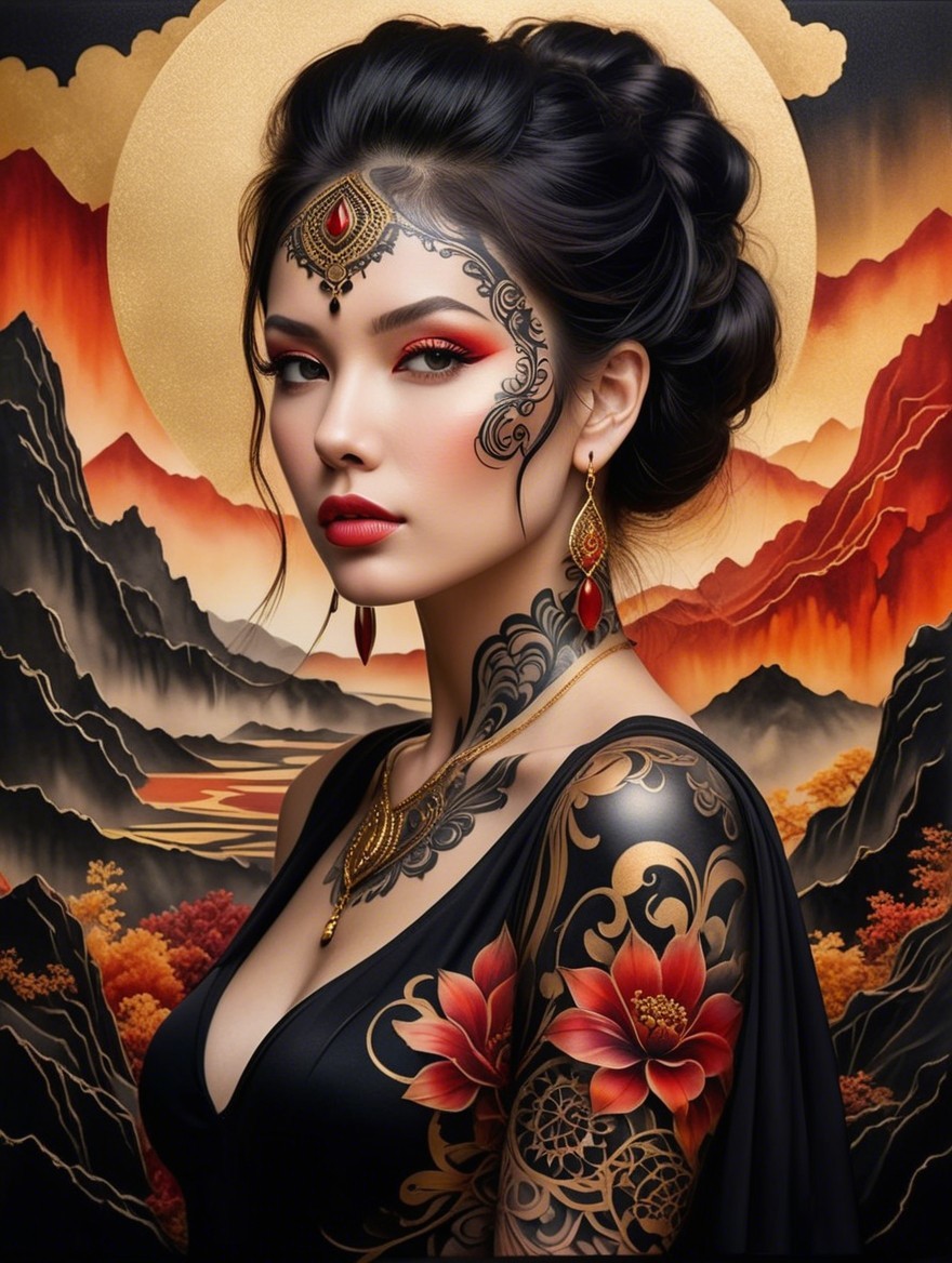 Portrait of a Woman with Intricate Tattoos and Jewelry