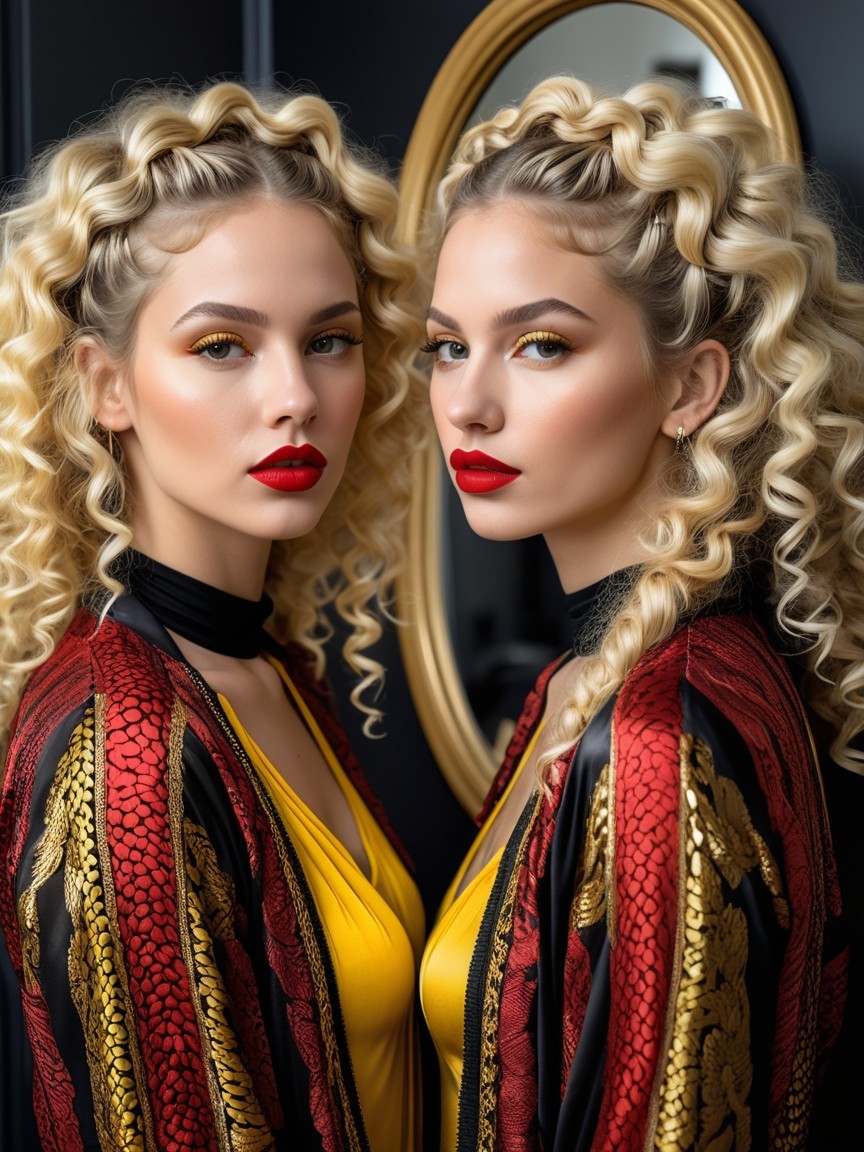 Glamorous Women with Curly Blonde Hair and Elegant Outfits
