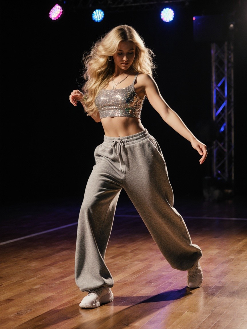 Dancer in Sparkly Outfit Performing in Dance Studio