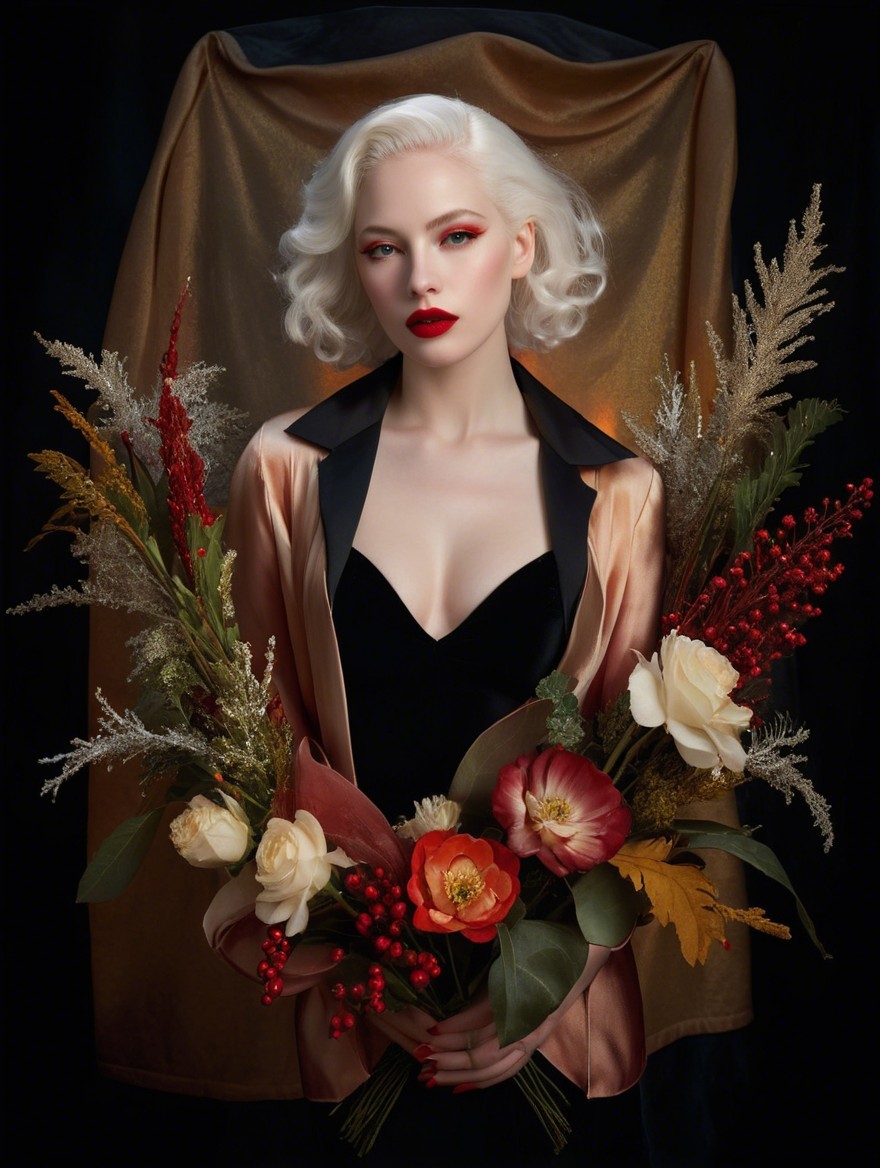 Elegant Portrait of a Woman with Platinum Hair and Flowers