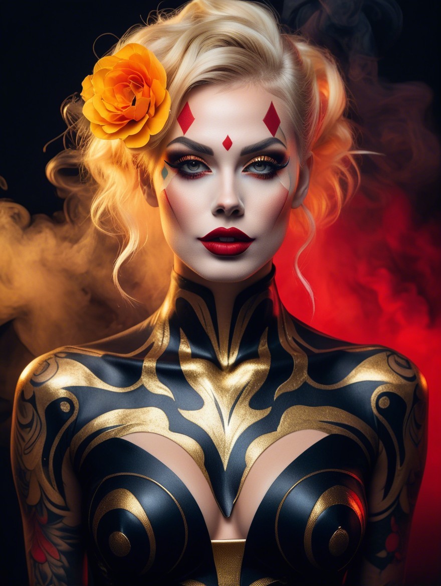 Portrait of a woman with elaborate gold and black makeup