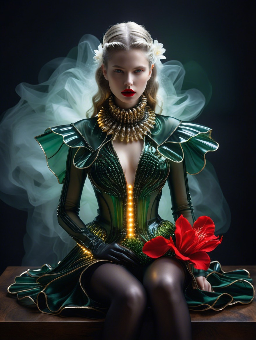 Elegant figure in shimmering green gown with ruffles