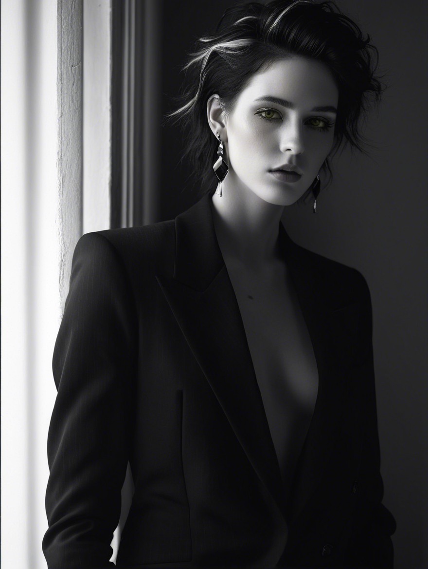 Black-and-white portrait of a model in tailored suit