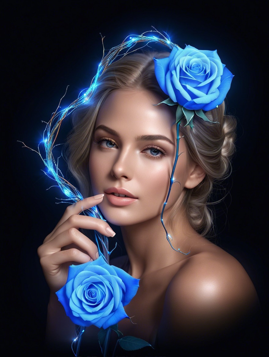 Ethereal Portrait of a Woman with Blue Roses