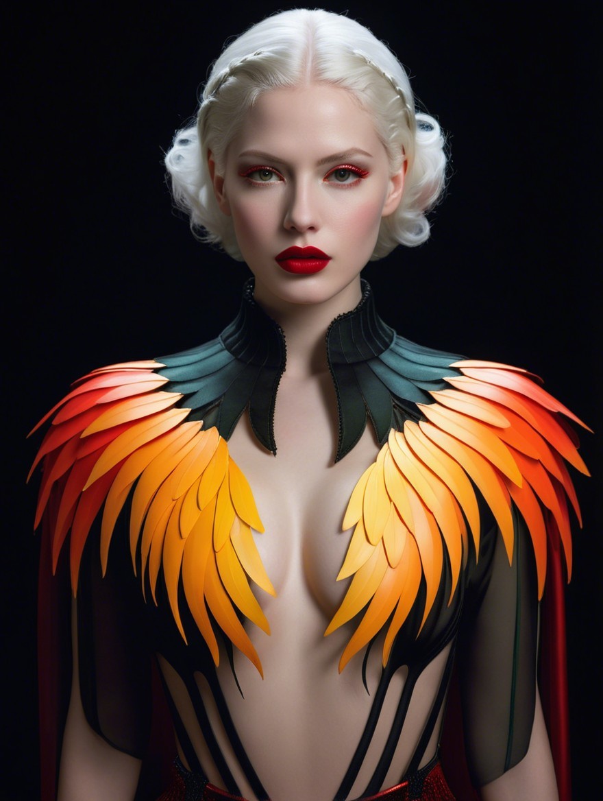 Portrait of Model with Vintage Curls and Feather Costume
