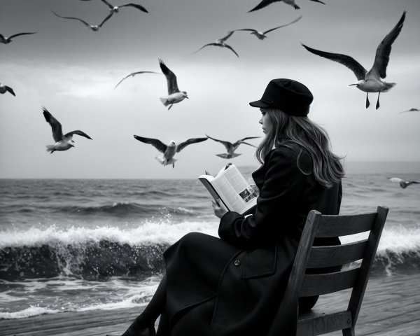 Woman Reading on Shore with Seagulls and Ocean Waves