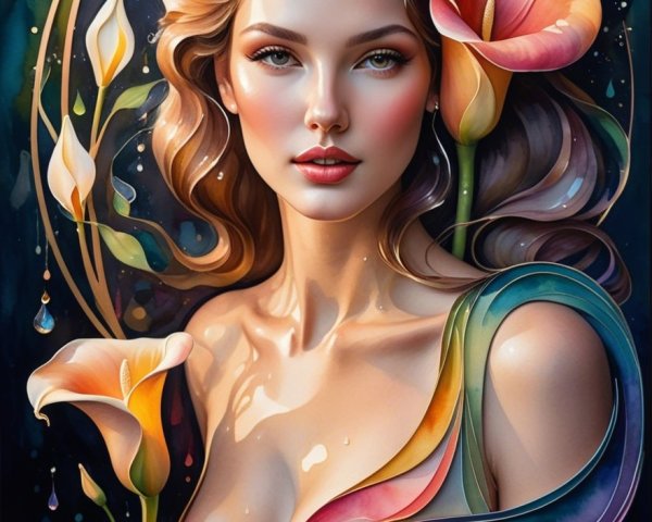 Stylized Woman with Flowing Hair and Calla Lilies