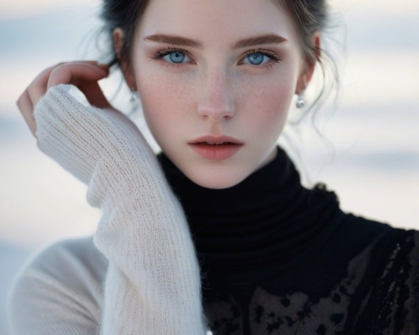 Portrait of a Young Woman with Blue Eyes and Freckles