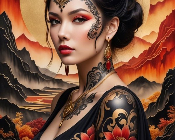 Portrait of a Woman with Intricate Tattoos and Jewelry