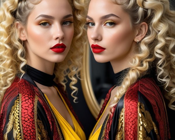 Glamorous Women with Curly Blonde Hair and Elegant Outfits