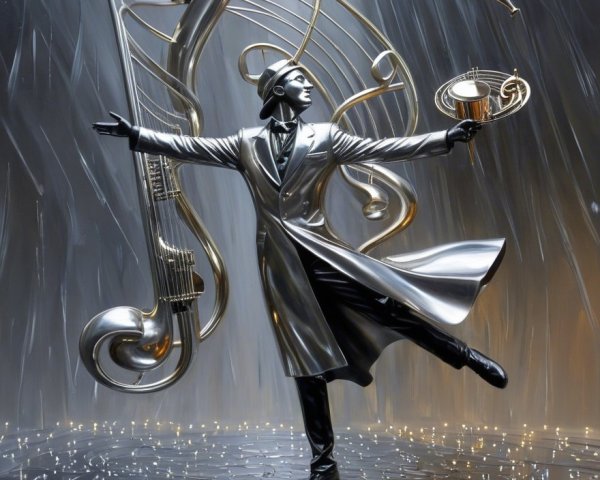 Silver Sculpture of Elegant Figure with Musical Elements