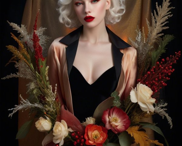 Elegant Portrait of a Woman with Platinum Hair and Flowers