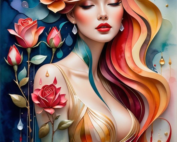 Stylized Woman with Vibrant Hair and Roses Artwork