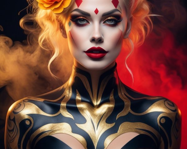 Portrait of a woman with elaborate gold and black makeup