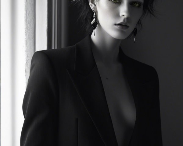 Black-and-white portrait of a model in tailored suit