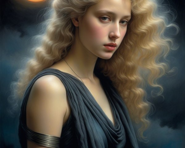 Young Woman with Blonde Curls and Moonlit Glow